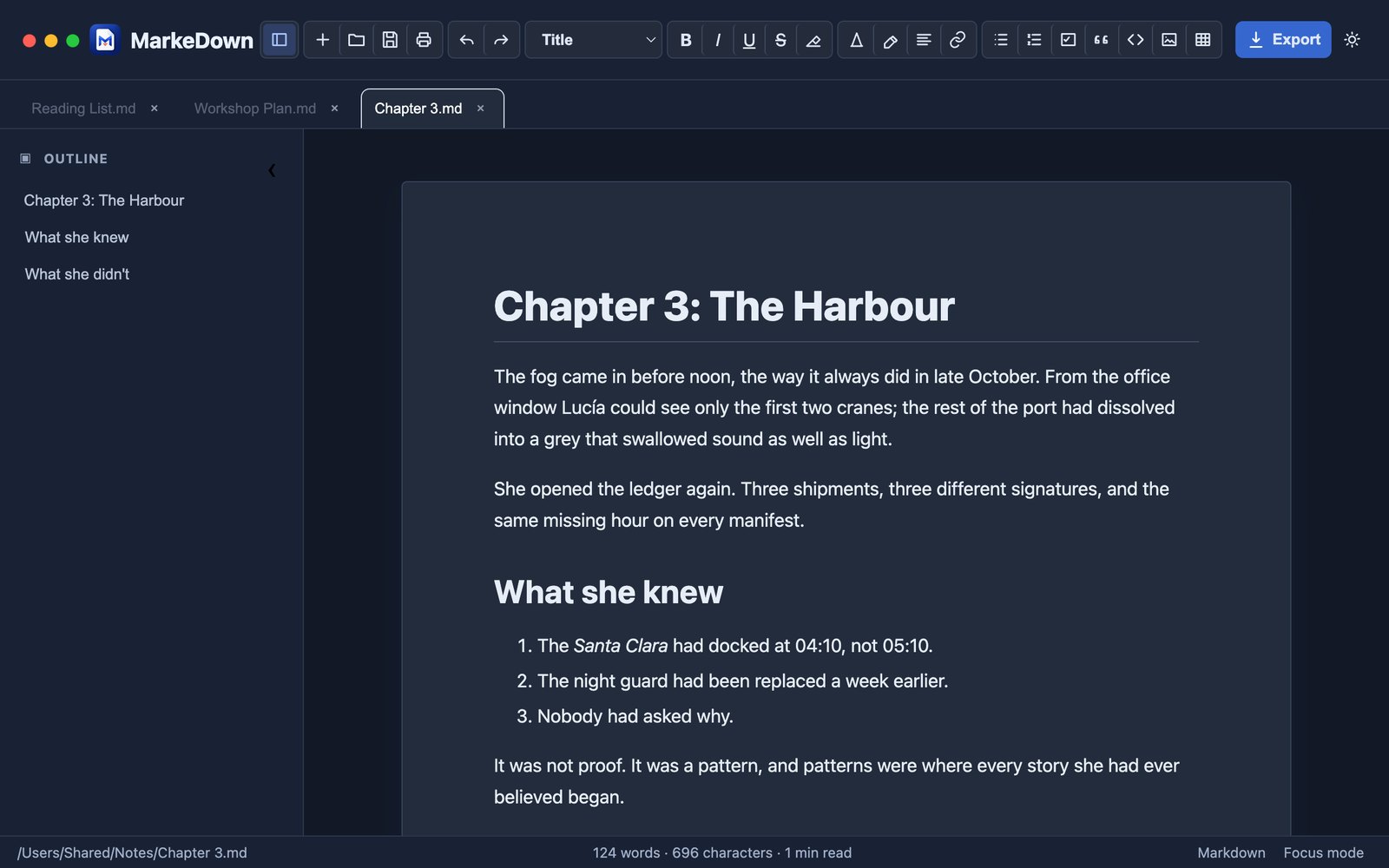 MarkeDown in dark mode showing a novel chapter