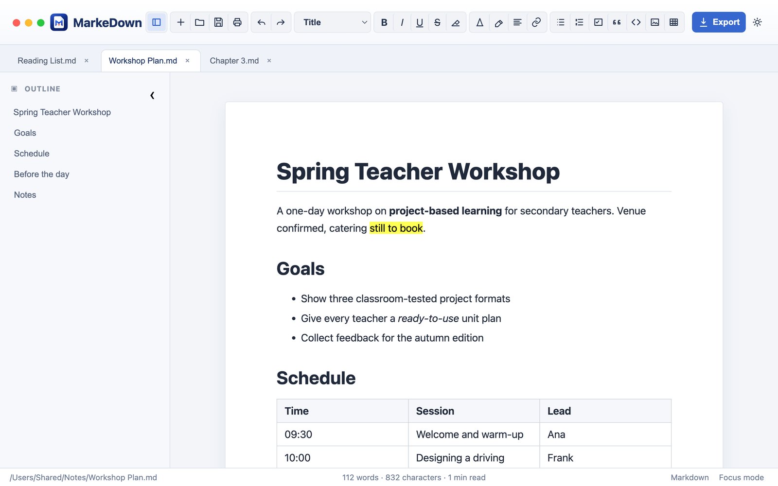 MarkeDown editing a workshop plan with a heading outline, a table and a highlighted phrase