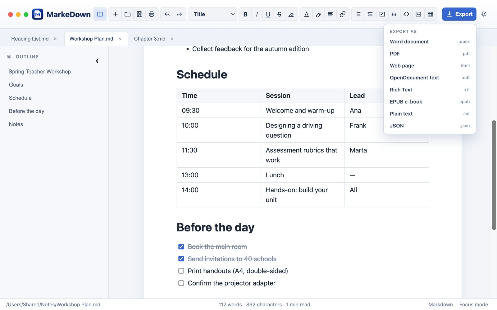 The Export menu listing Word, PDF, web page, OpenDocument, Rich Text, EPUB, plain text and JSON